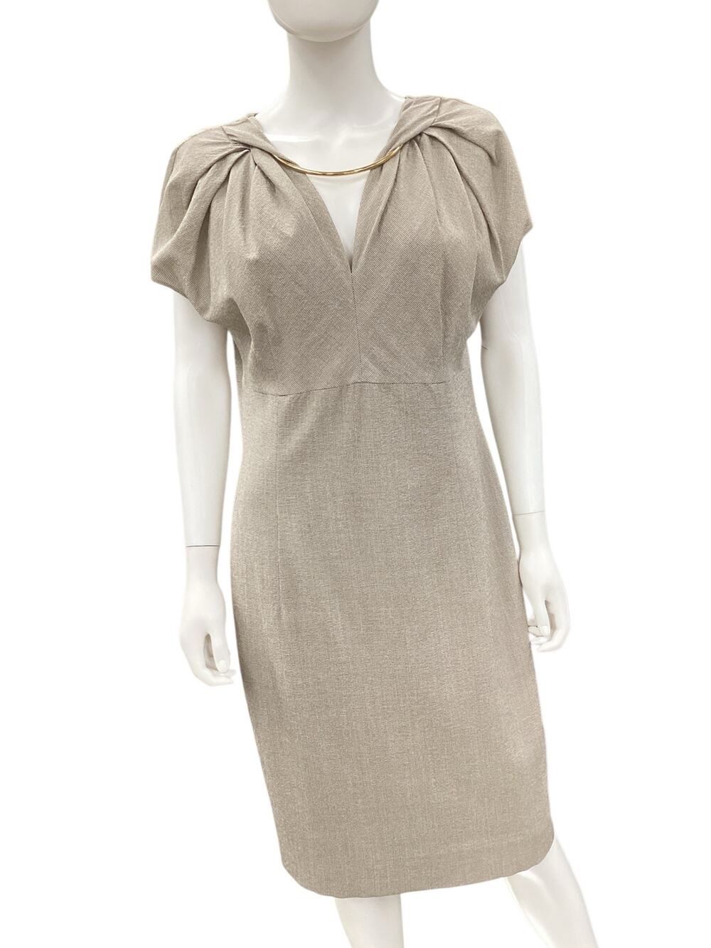 Escada Dress Women’s Size 10 Silk Wool Viscose Blend Attached Necklace Beige
